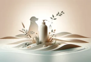 Stylized shampoo bottle with natural elements on a pure background