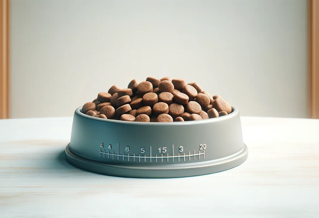 Measured portion of healthy dog food in a bowl on a light surface