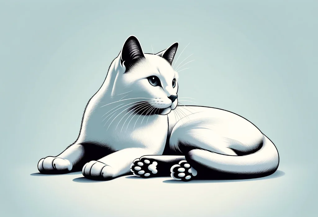 a sillhuette of white cat with black paws lying
