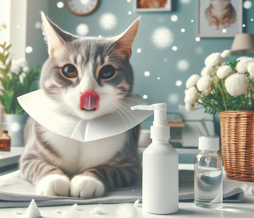 gray and white cat laying next to a spray with tongue out