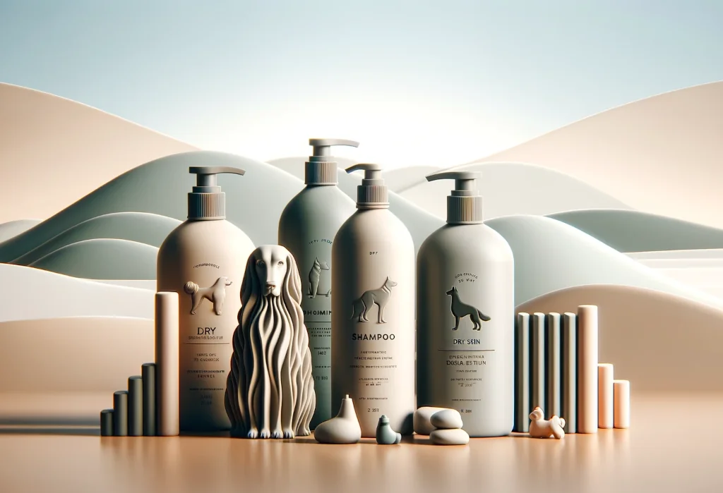 Five stylized shampoo bottles for dog dry skin care