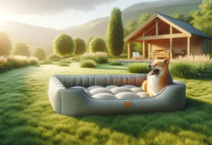 Outdoor dog bed in a clear, natural outdoor setting