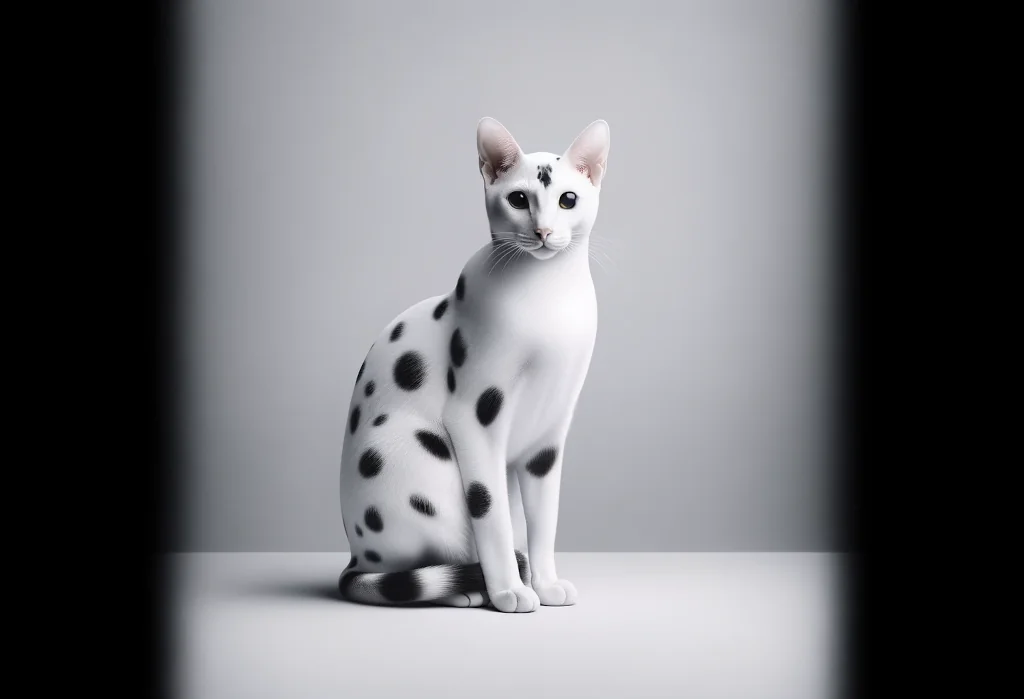 Elegant white cat with black spots in a simple setting