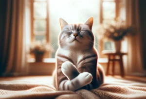 Realistic cat sitting with front paws crossed, radiating calm
