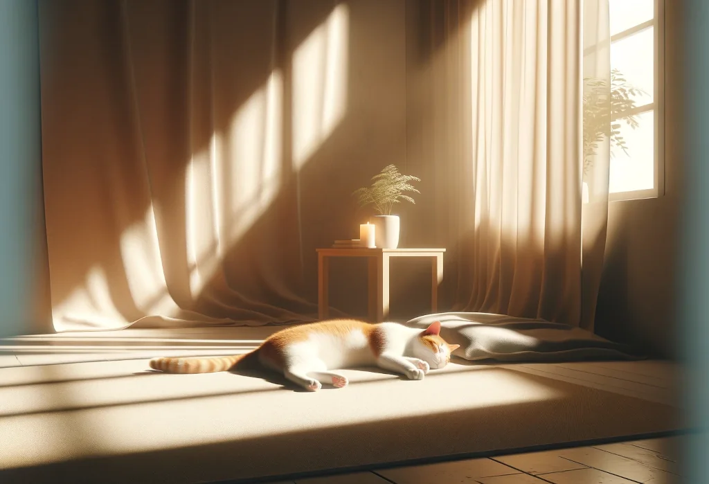 Cat basking in warm sunlight, radiating peace and contentment