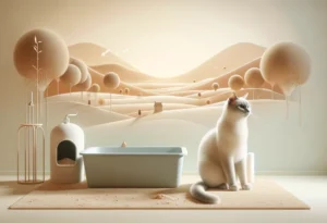 Cat poised beside a clean, stylized litter box, symbolizing care