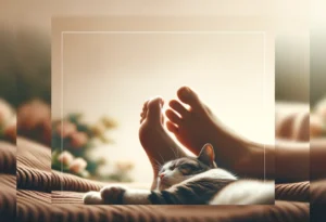 Serene cat sleeping by relaxed human feet in a warm setting