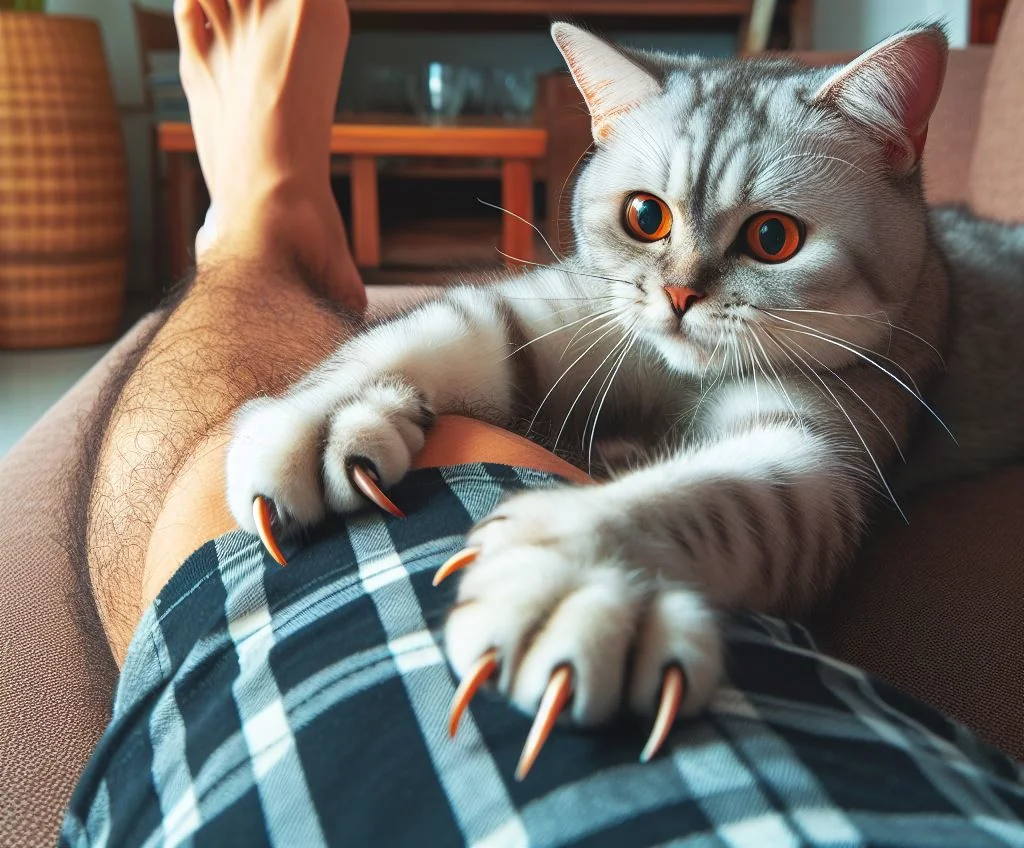 A cat attacking a human leg with claws