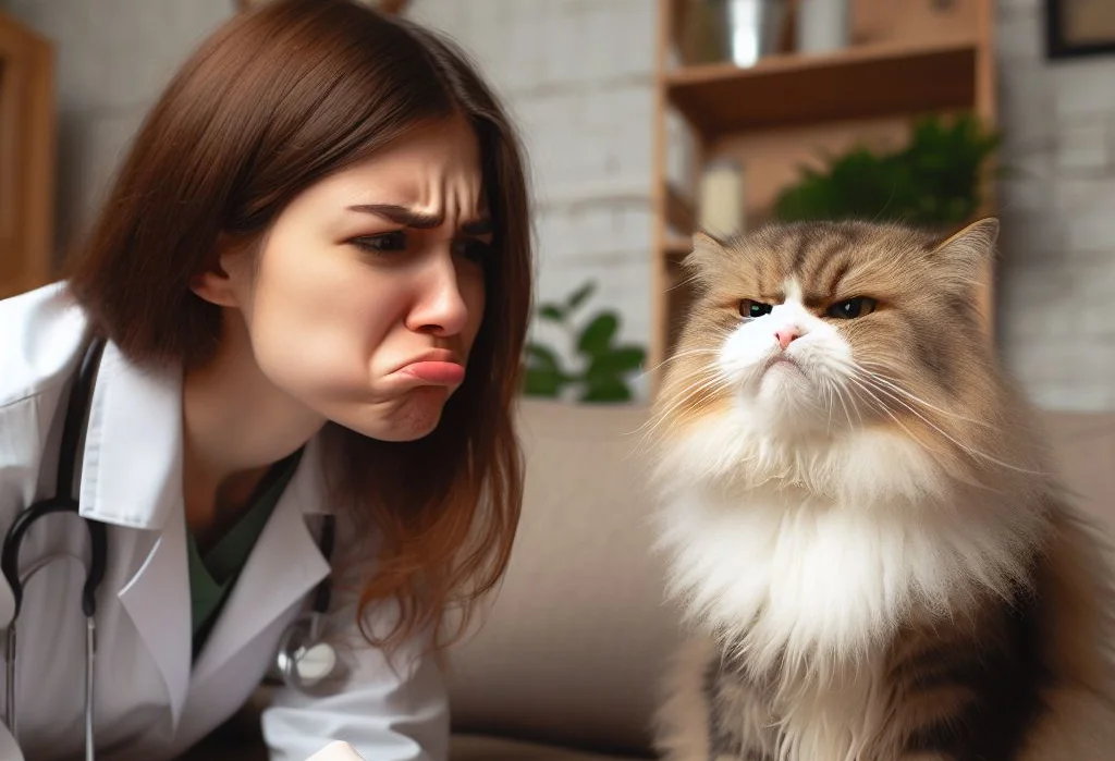A cat huffing at a human with a displeased expression