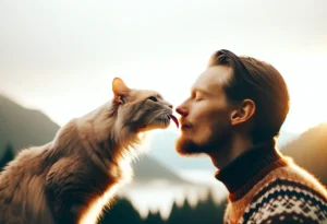 Cat gently licking its owner's nose, symbolizing affection and bond
