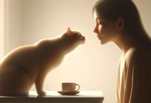 Cat curiously sniffing a person's mouth, highlighting their bond