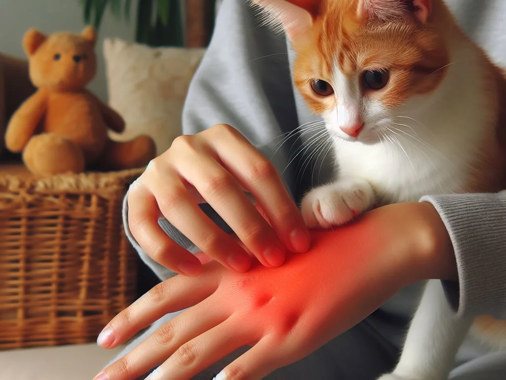 A human hand with a cat scratch and a red mark