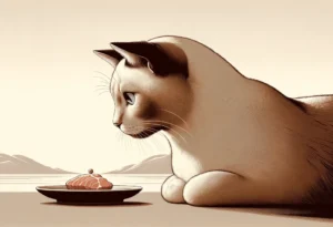 Cat focused on a small piece of meat in a simple setting