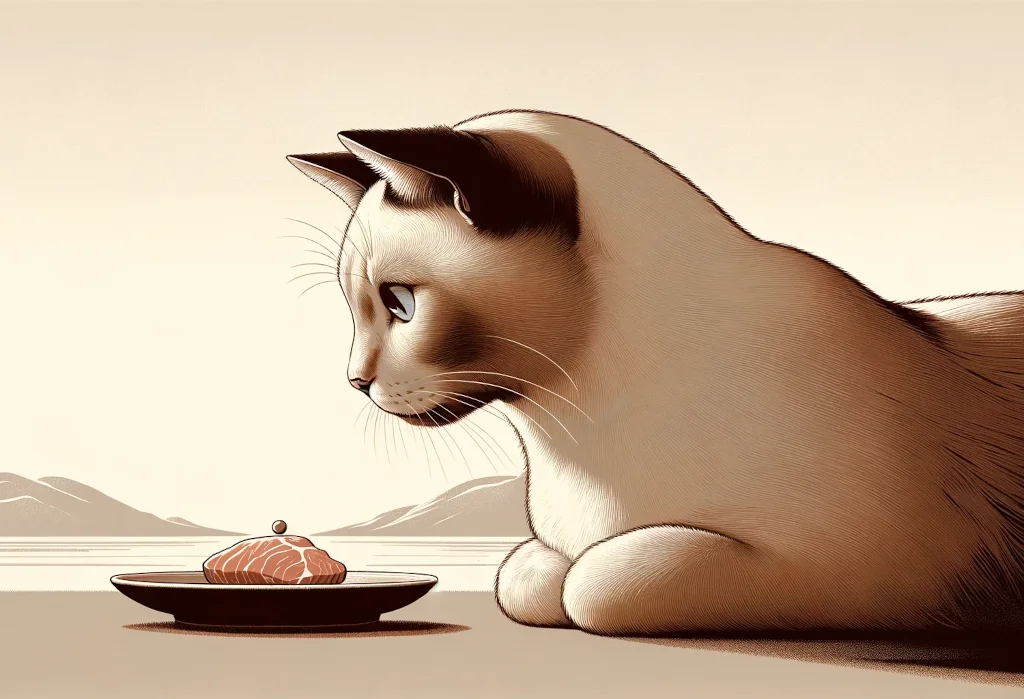 Cat focused on a small piece of meat in a simple setting