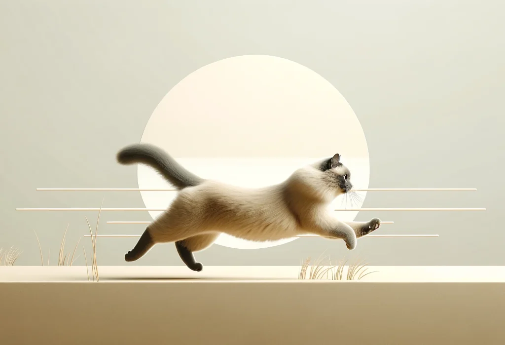 Cat playfully running sideways in a minimalist setting