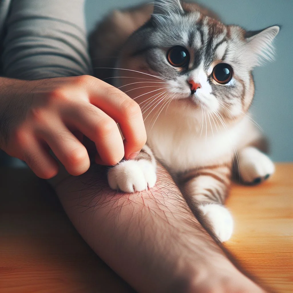 A cat scratching a human arm with claws