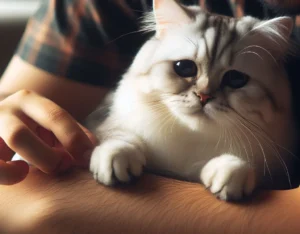 A cat scratching a human arm with a sad expression