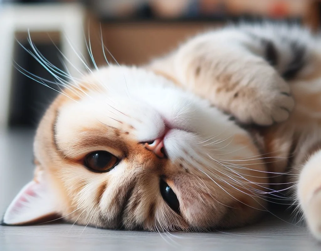 A cat rolling on the floor with a happy expression