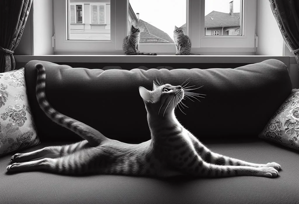 A long cat stretching on a sofa