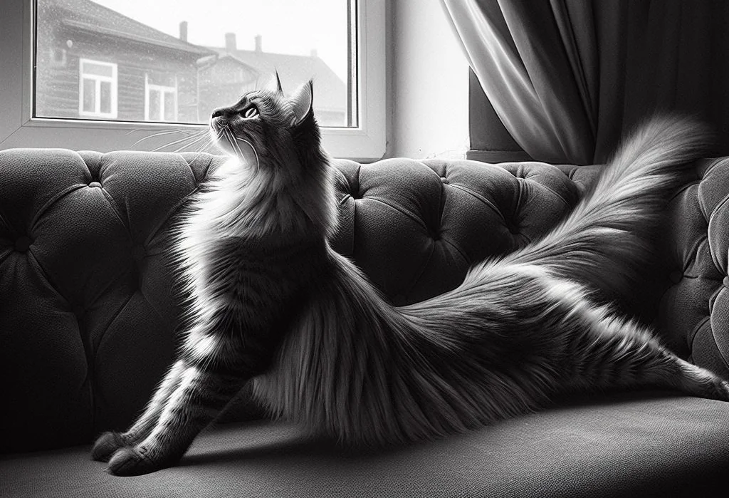 A long cat stretching on a sofa