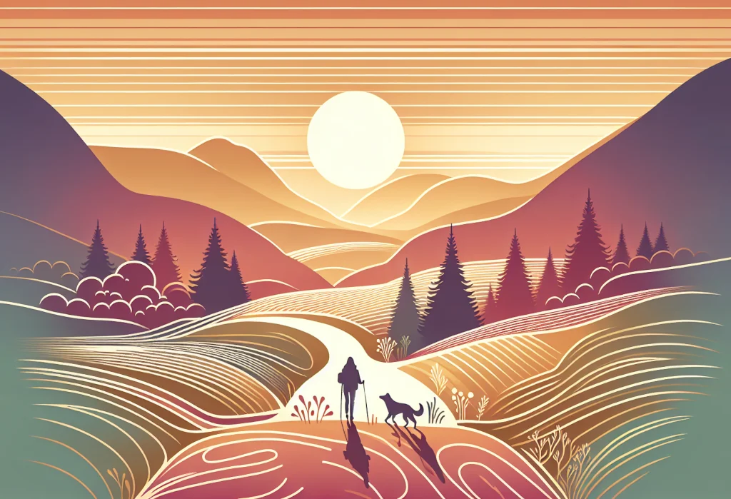 a colorful nature with a sillhuette of person and dog hiking