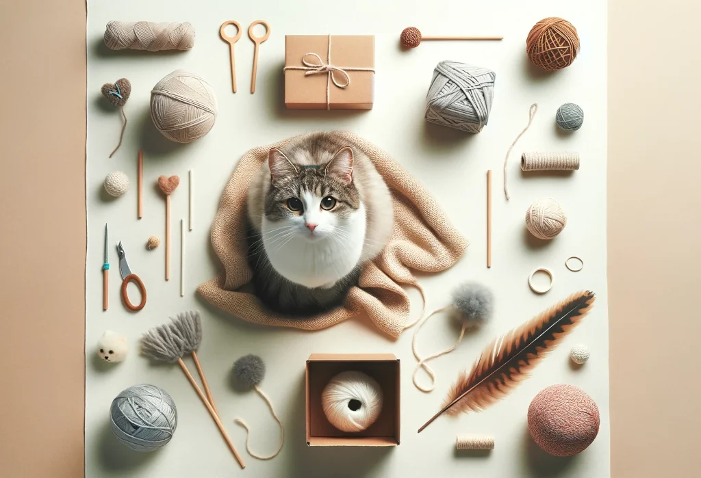 Cat surrounded by DIY toys: yarn ball, cardboard box, feather toy