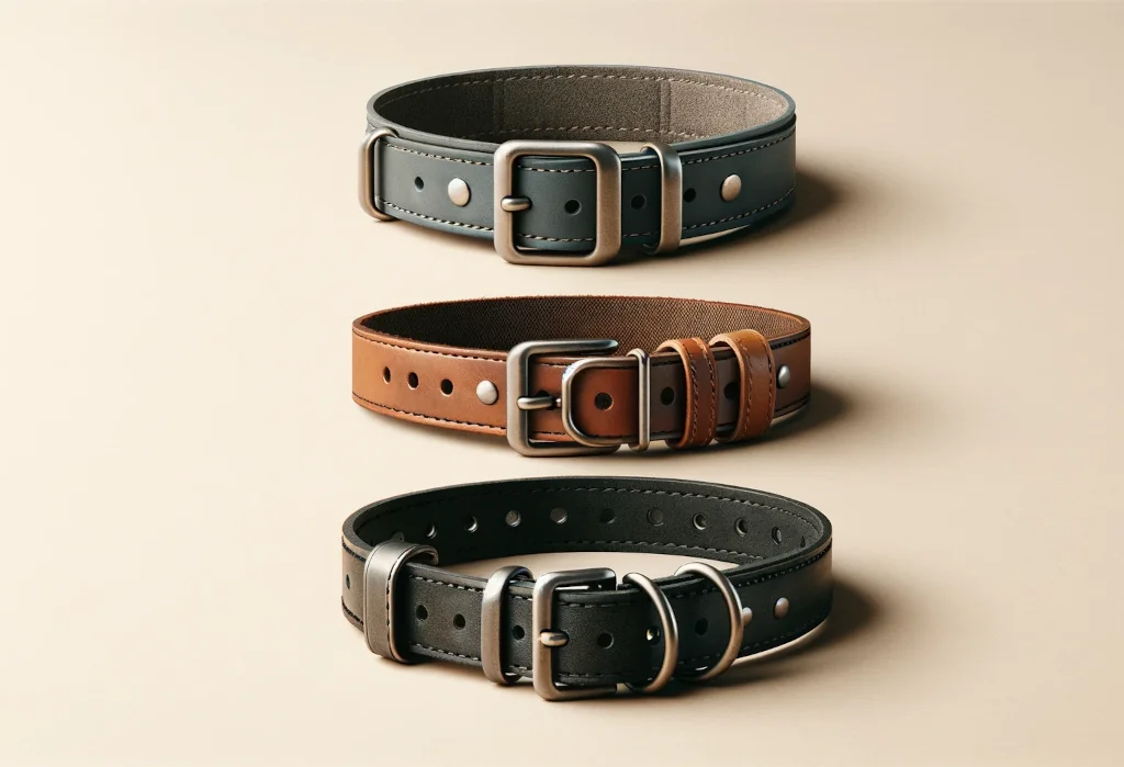 Three different dog collars made of leather, nylon, and metal