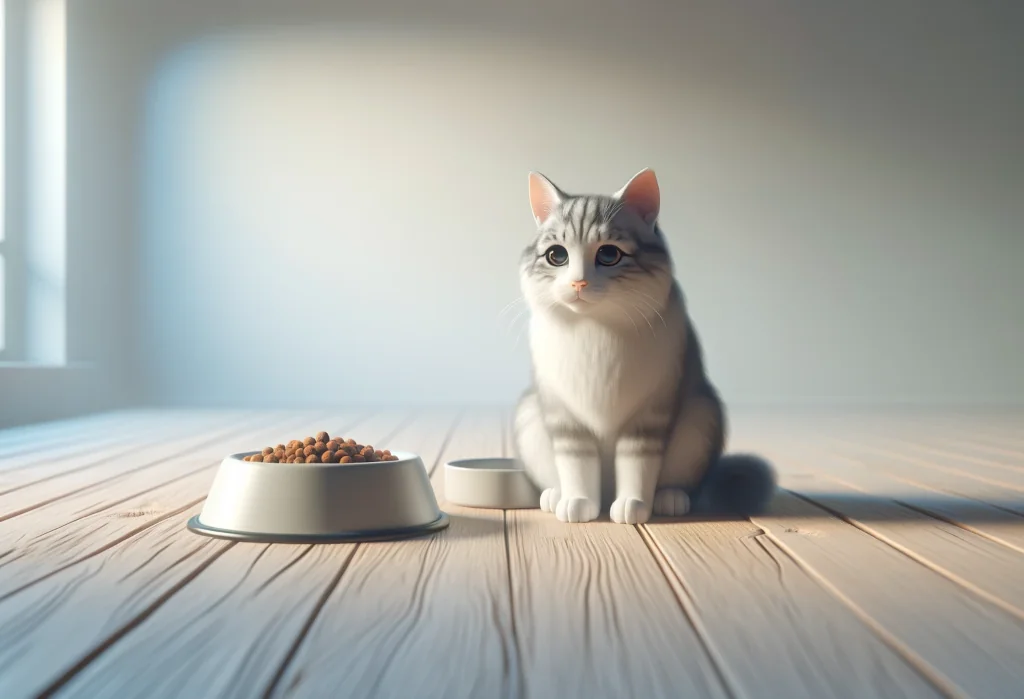 Cat appearing distressed beside an empty food bowl