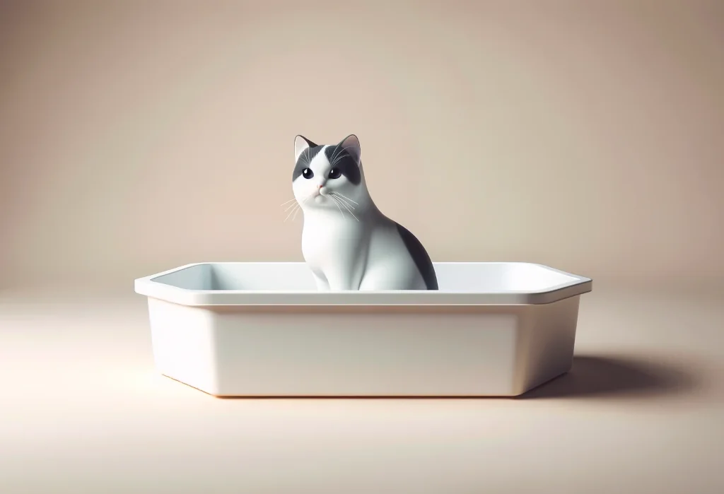 Realistic cat sitting quietly inside a simple, clean litter box