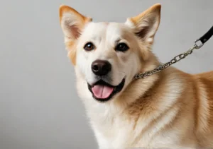 brown and white dog on a leash looking at the camera