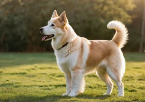 a brown and white dog standing in the grass with its tongue out, looking at the camera