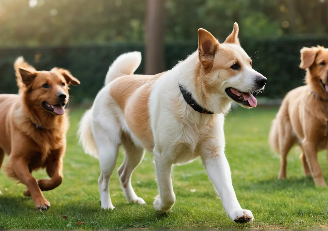 three dogs running in the grass with their tongues out and one dog looking at the camera