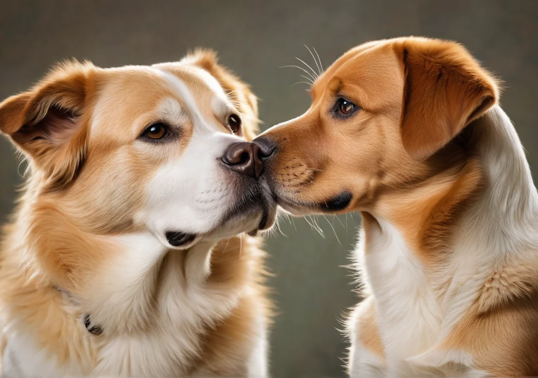 two dogs are looking at each other dogs in the same direction, with one looking at the other dog