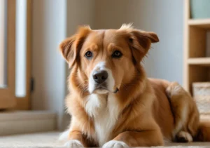 a brown and white dog laying on top of a carpet looking at the camera