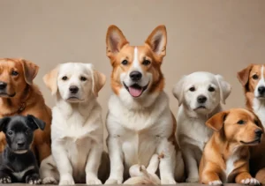 a group of dogs sitting in front of a brown wall with their mouths open