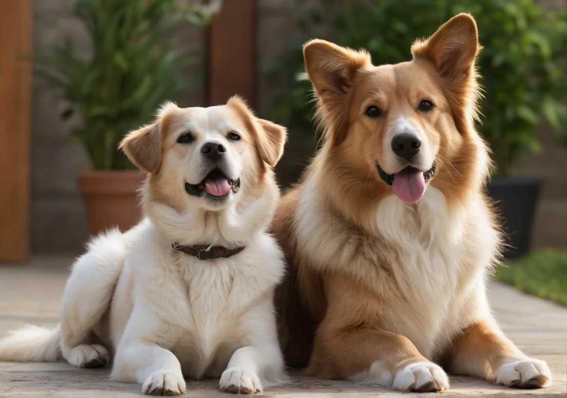 two dogs laying down in the park on concrete looking up