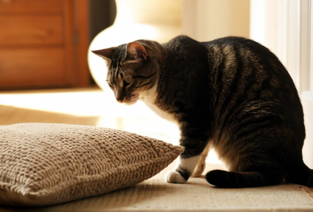 a cat is looking at the pillow on the floor in front of it