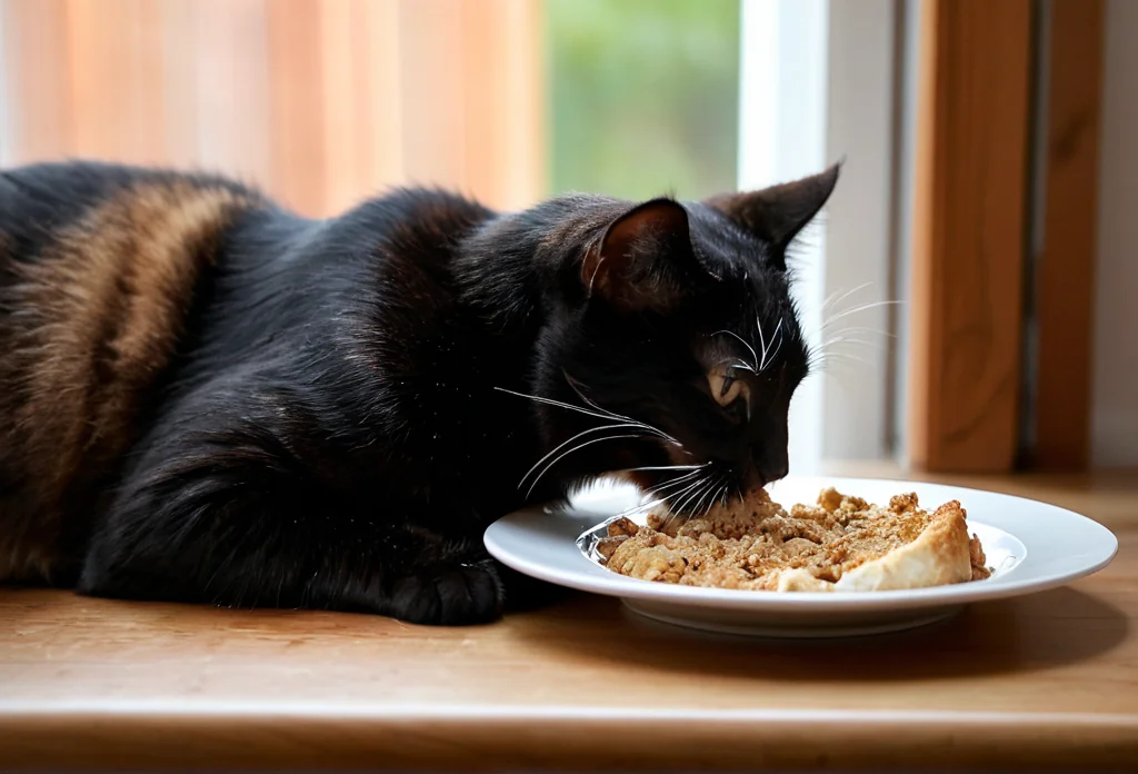 a cat eating food from a plate on the table next to a window