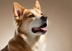 a brown and white dog with its mouth open, looking up at the camera