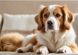 a brown and white dog laying on top of a couch looking at the camera