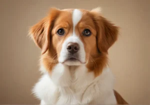 a brown and white dog sitting on top of a wooden table with a brown background