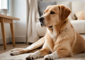 a dog laying on the floor in front of a white couch with its head on the floor