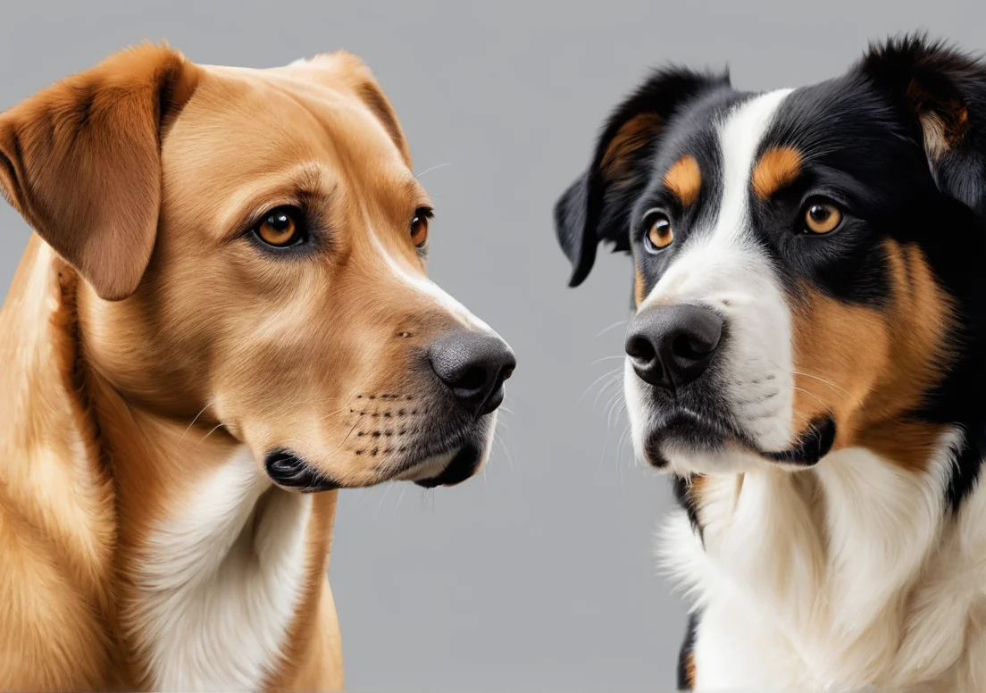 two dogs are looking at each other dog in the same direction, one is looking at the other dog