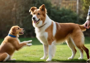 two dogs playing with each other dogs in the grass, one is looking up at the other dog
