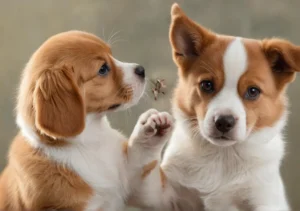 two similar brown and white dogs next to each other