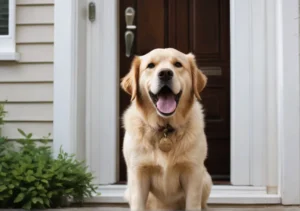 a dog is standing in front of a house with its tongue out and it's looking at the camera
