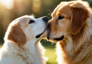 two golden retrieves kissing in the sun on a sunny day with a blurred background