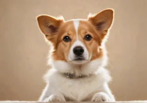 a brown and white dog laying on top of a bed looking at the camera