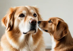 a dog and a dog looking at each other dog's face together