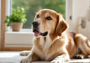 a dog laying on the floor next to a window with its tongue out